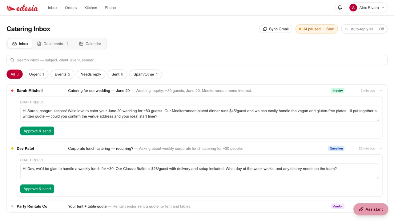 Edesia's catering inbox showing instant, ready-to-send draft replies to a wedding inquiry and a corporate lunch inquiry
