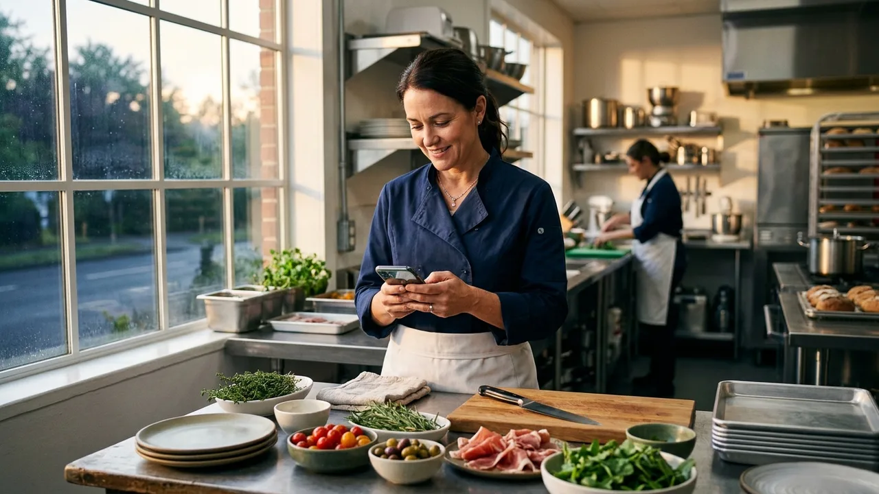 A catering business owner in a bright professional kitchen replying to a client message on a phone at dawn
