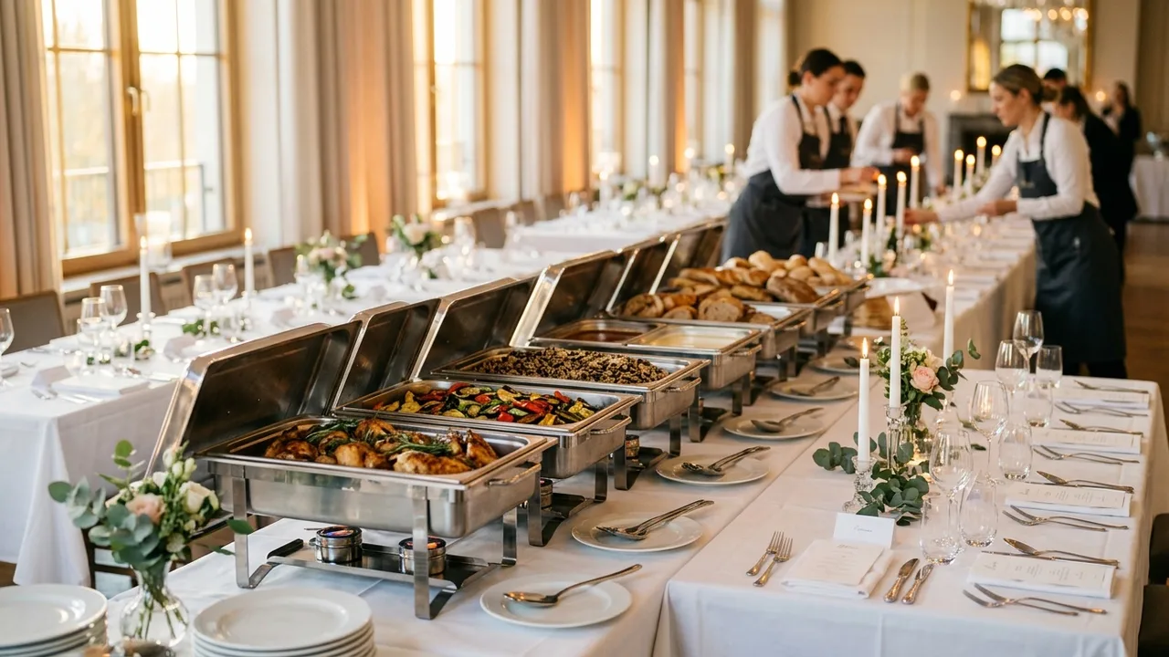 A catering team's elegant event setup with polished chafing dishes, place settings and candles before guests arrive, golden hour