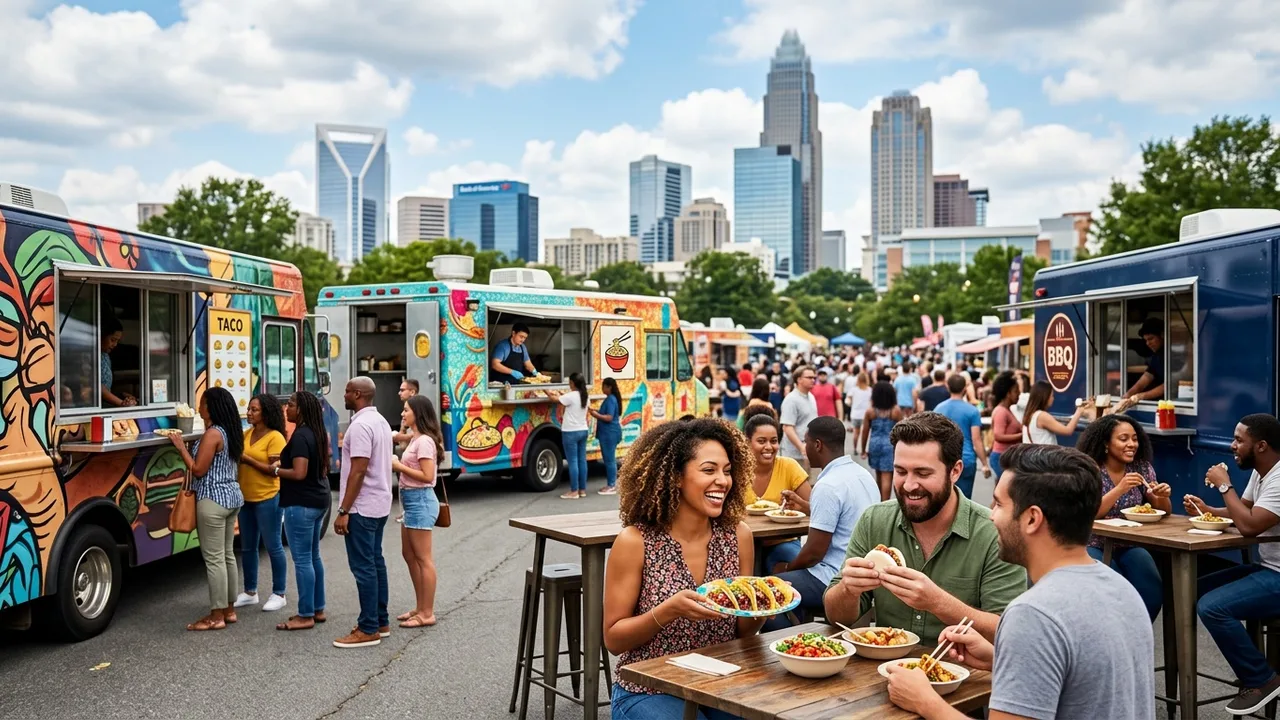 Charlotte food truck festival with diverse food trucks serving crowds in Uptown with the Queen City skyline in the background