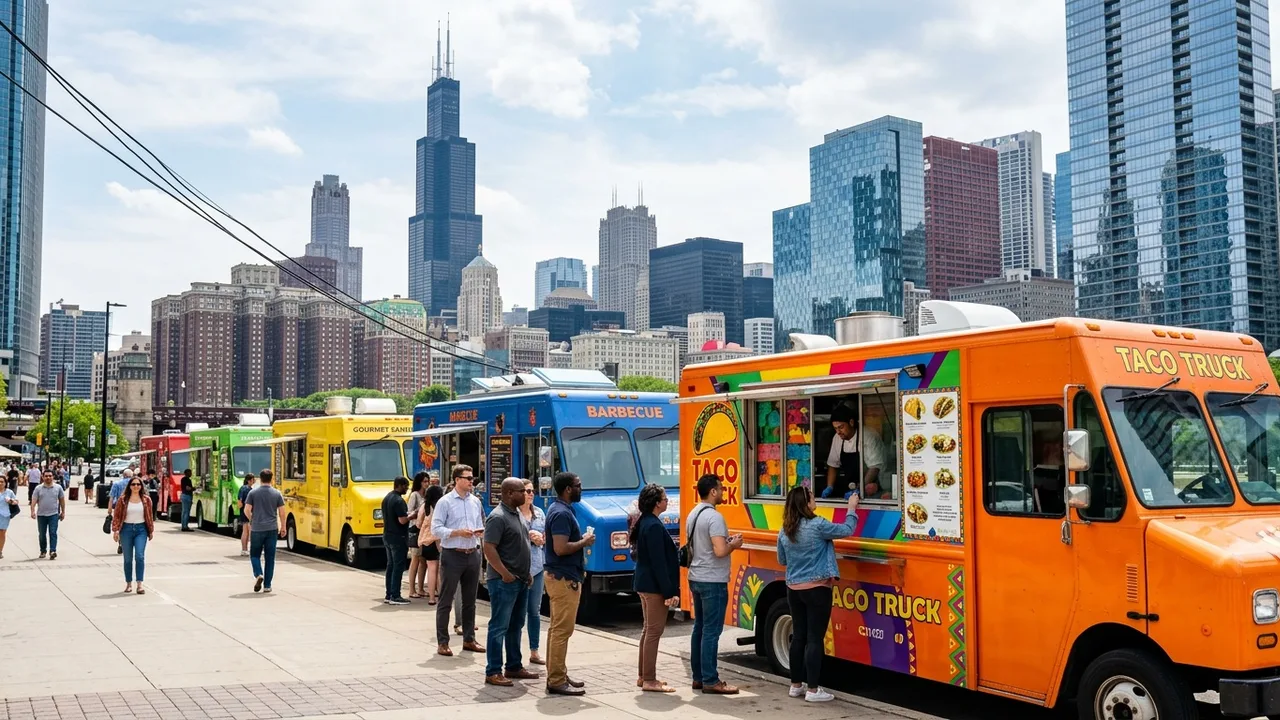 Chicago food trucks lined up with downtown skyline in background