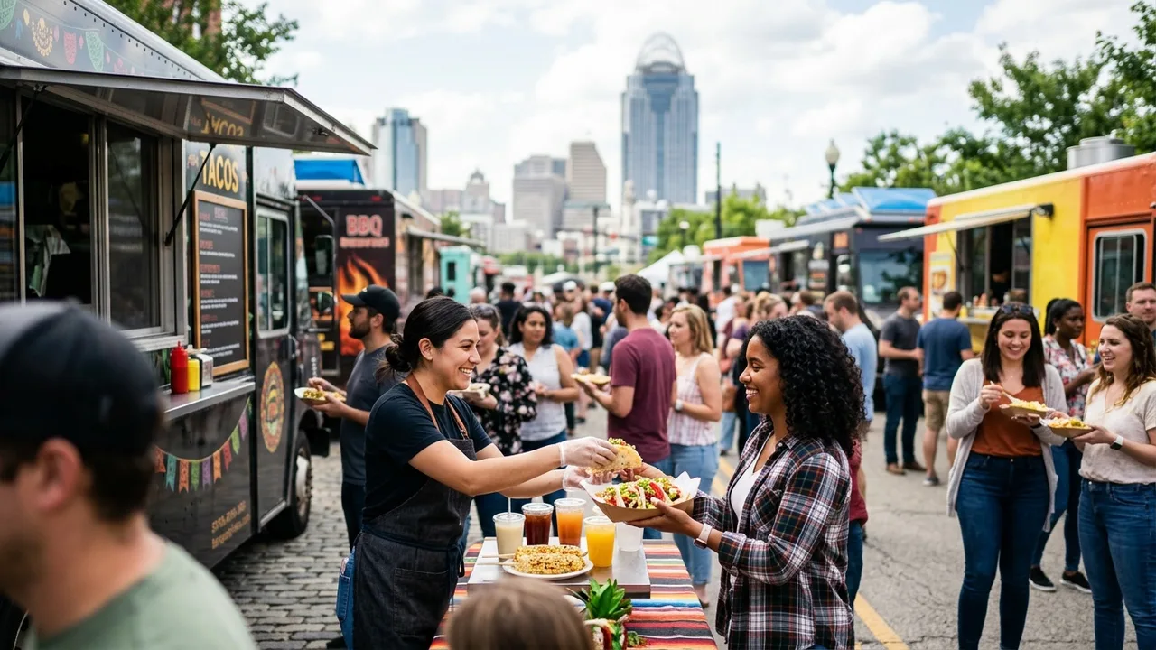 Cincinnati food truck festival with diverse food trucks serving crowds in downtown Cincinnati