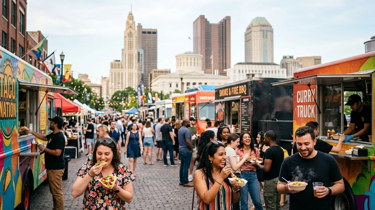 Columbus food truck festival with diverse food trucks serving crowds near the Short North with the downtown skyline in the background