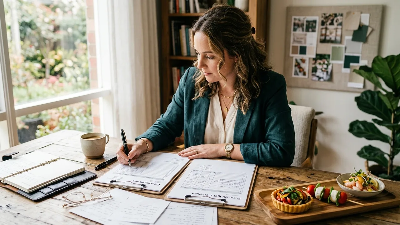 Event planner reviewing catering invoice and budget calculations at desk