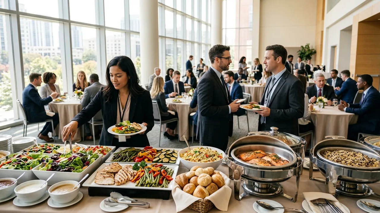 Corporate buffet lunch setup in modern conference center with business professionals