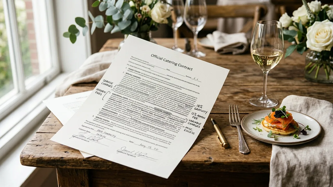 Catering contract showing hidden fees and service charges in fine print