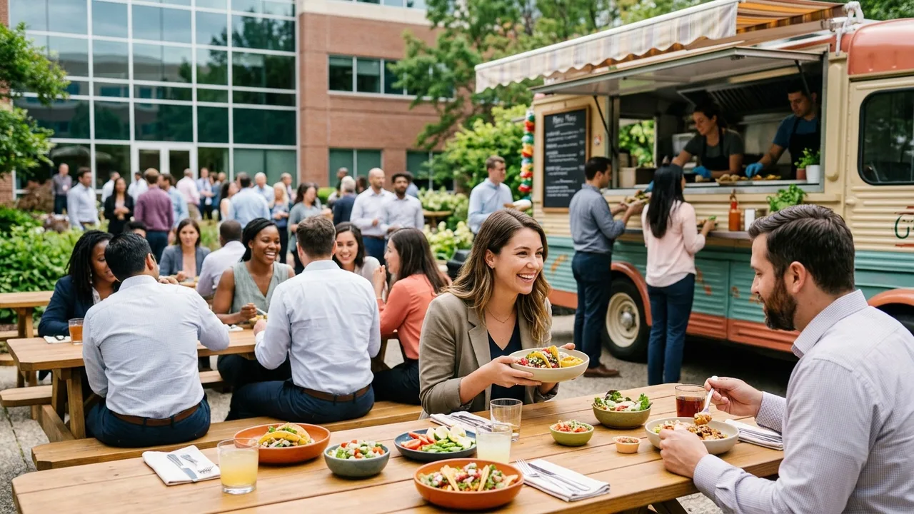 Food truck catering at corporate outdoor event with employees enjoying lunch