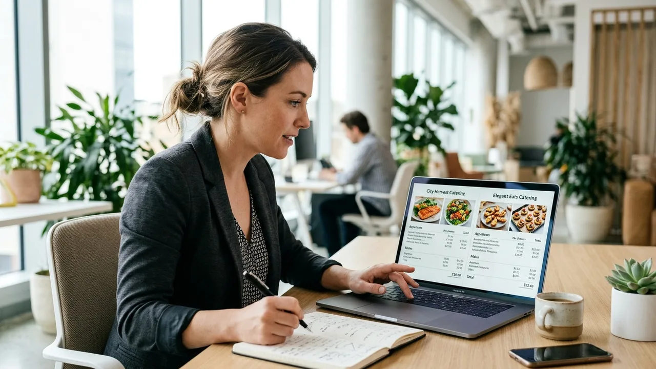 Event planner using Edesia marketplace to compare catering vendors and transparent pricing