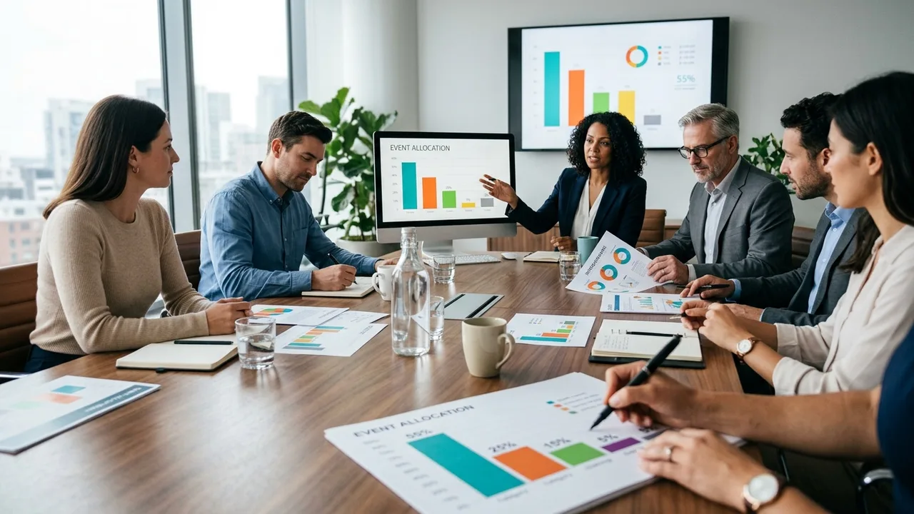 Corporate team reviewing event budget allocation charts in boardroom meeting