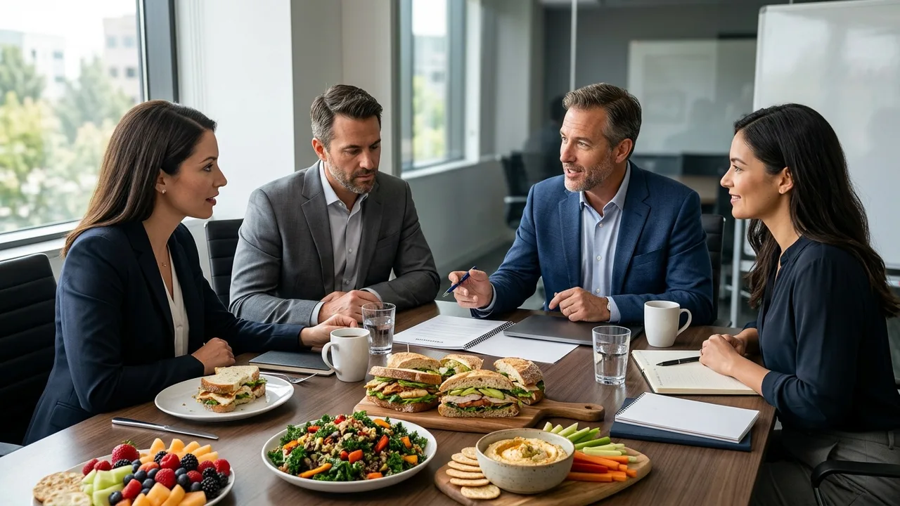 Business professionals negotiating catering contract in corporate meeting room