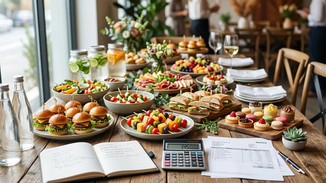Corporate event catering budget planning with invoice and calculator showing cost breakdown