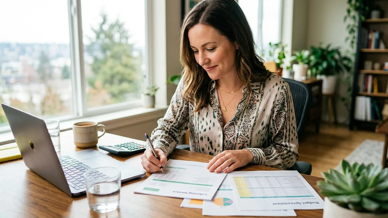 Event planner reviewing catering invoice and budget calculations at desk