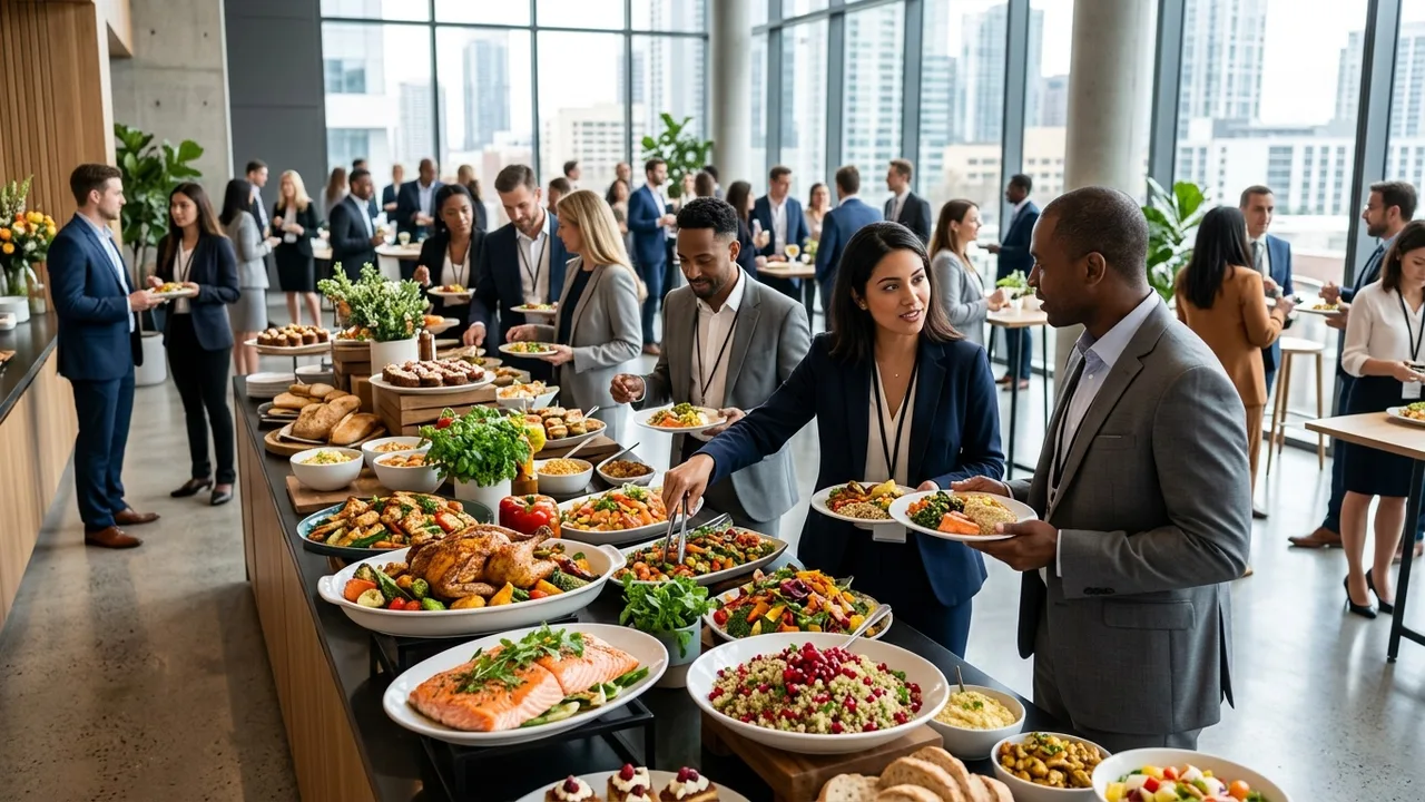 Corporate buffet lunch setup in modern conference center with business professionals