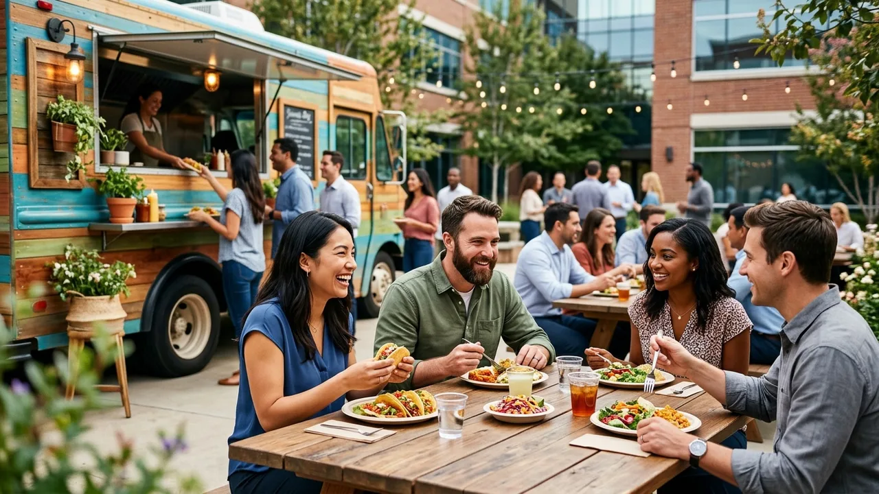 Food truck catering at corporate outdoor event with employees enjoying lunch