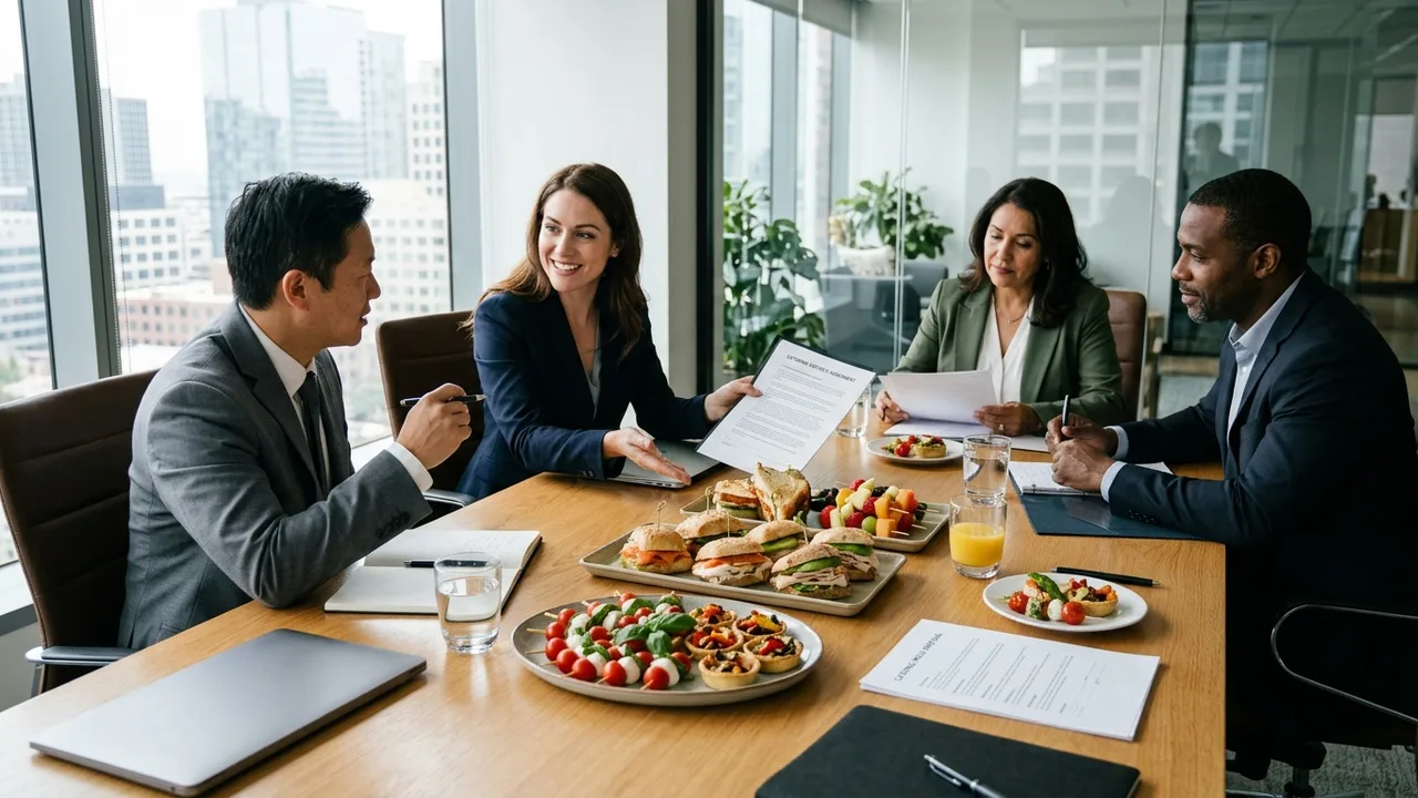 Business professionals negotiating catering contract in corporate meeting room