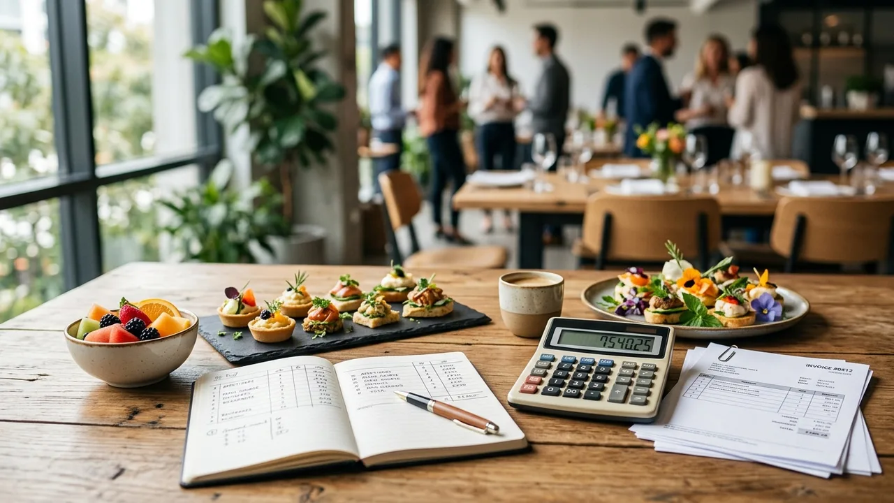 Corporate event catering budget planning with invoice and calculator showing cost breakdown