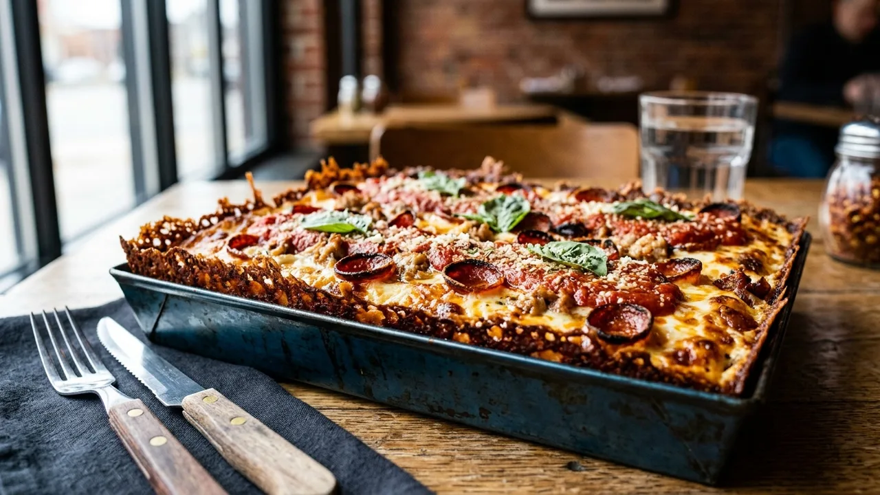 Motor City Bs Detroit-style pizza with frico crust