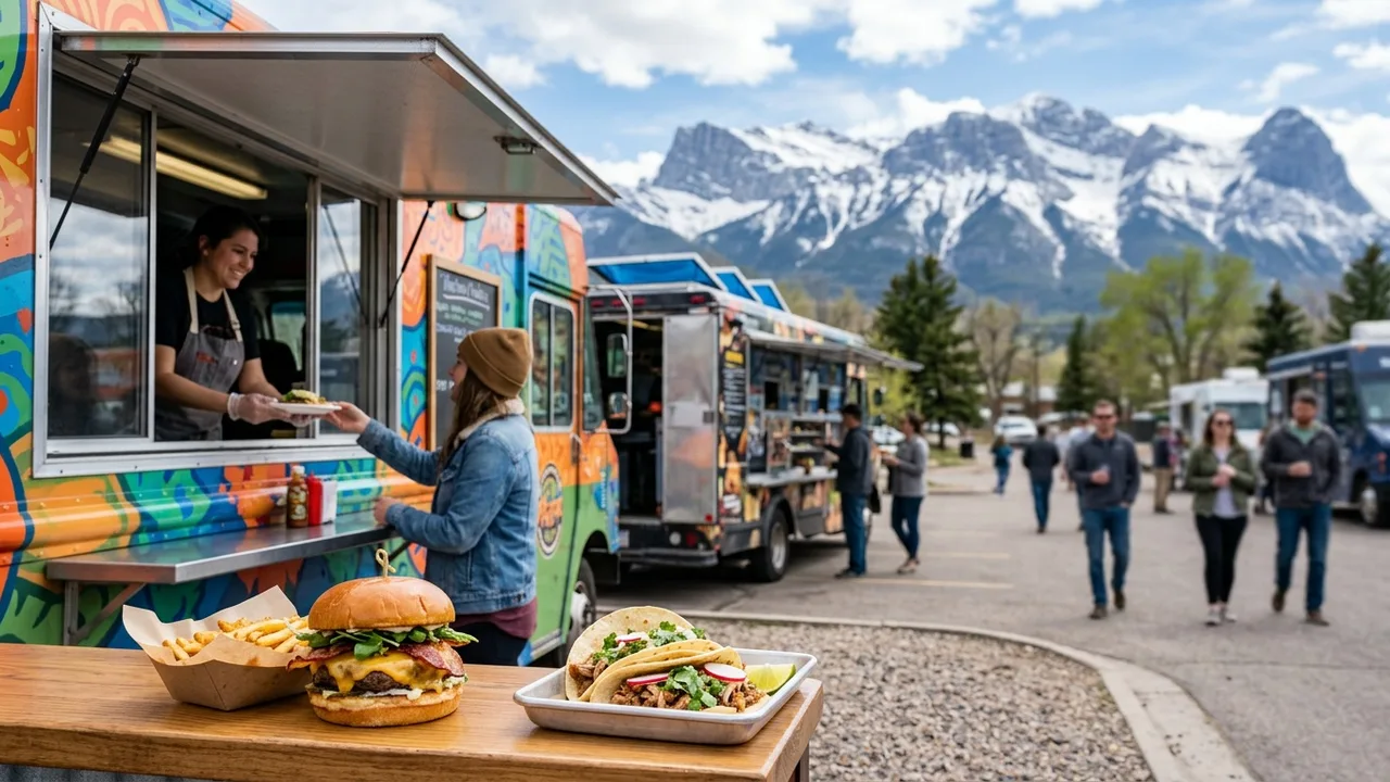 Denver food trucks with Rocky Mountains in background