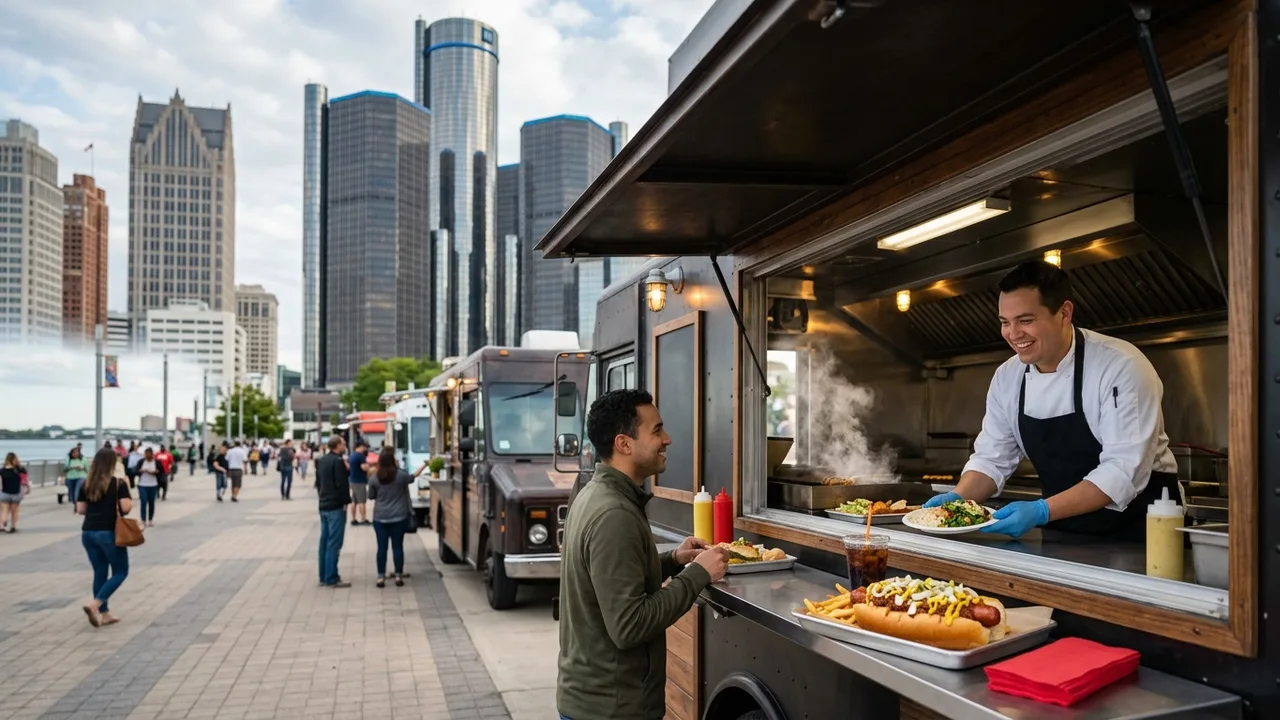 Detroit food trucks with Renaissance Center and downtown skyline