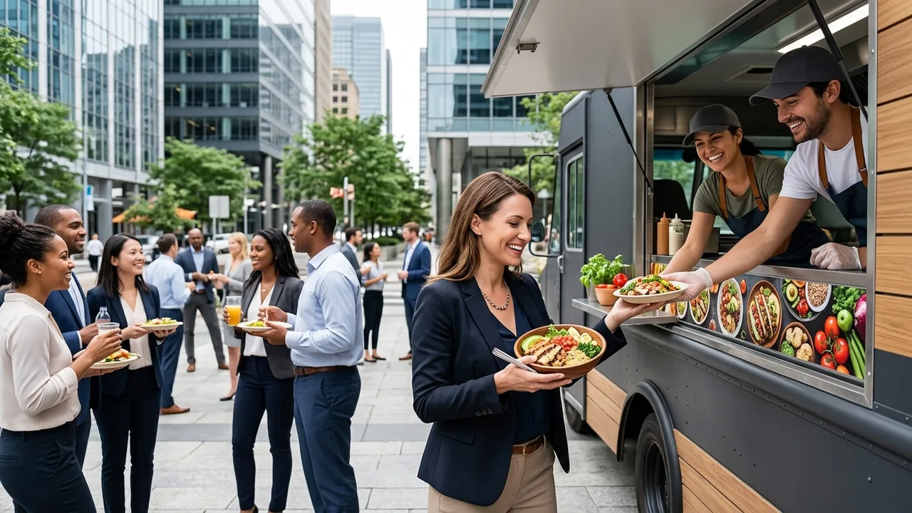 Food truck serving corporate employees at an outdoor office event with modern urban backdrop
