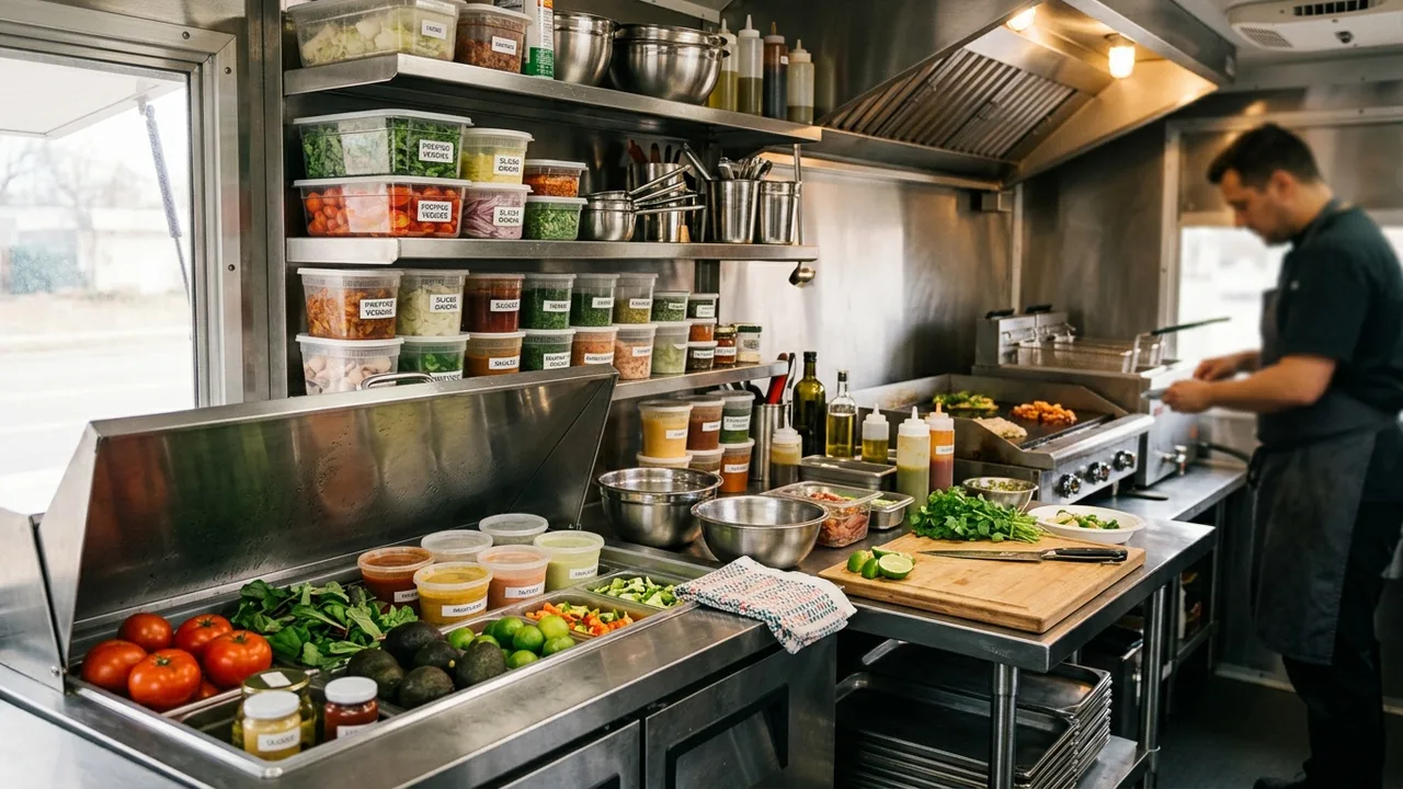 Inside a food truck: neatly organized coolers and labeled ingredient containers in a compact stainless kitchen with fresh produce, warm light