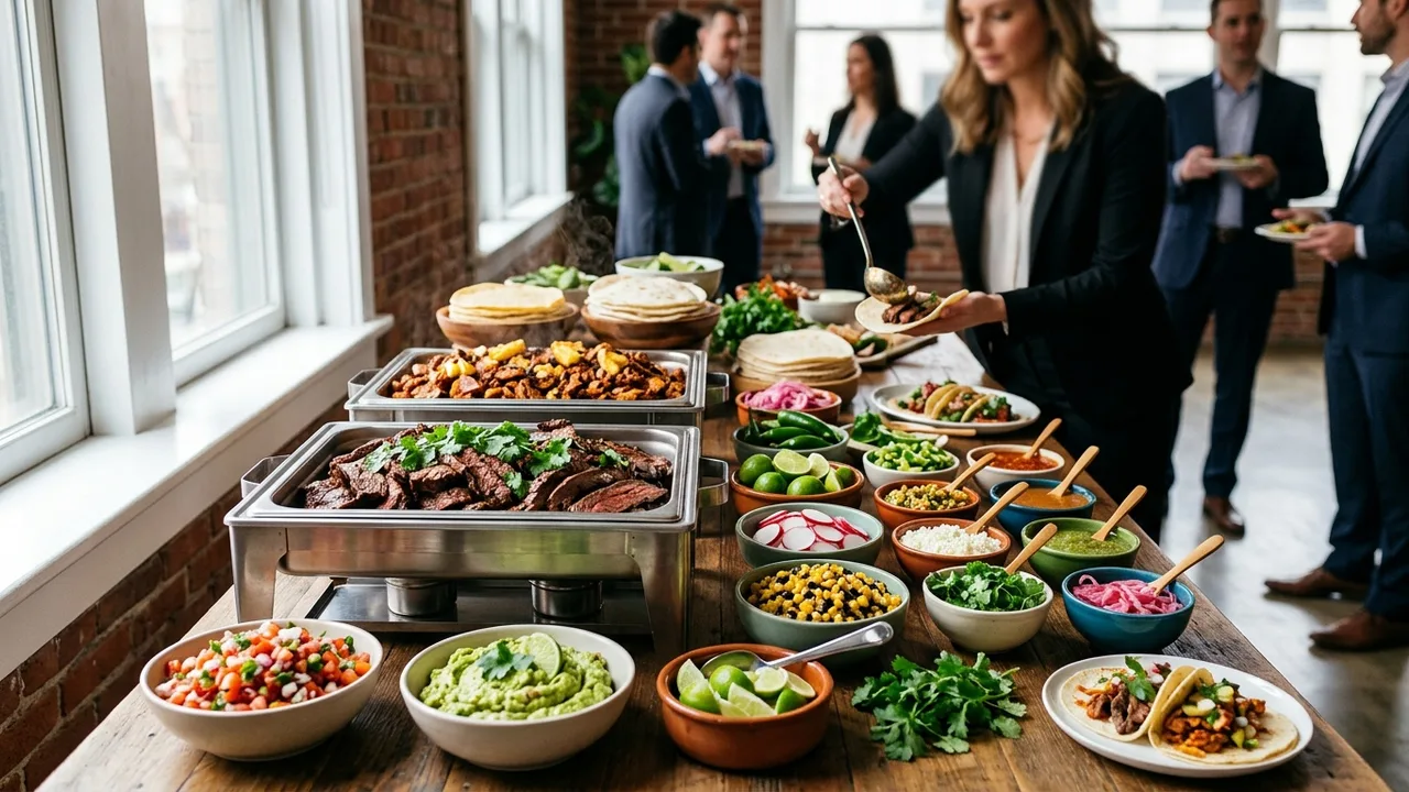 Build-your-own taco bar with colorful toppings and grilled meats for corporate catering
