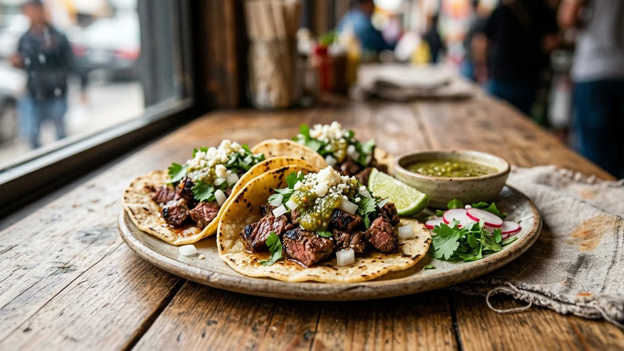 Authentic Mexican street tacos with carne asada and fresh toppings