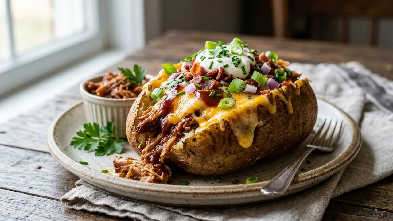 Loaded baked potato with pulled pork, cheese, and toppings