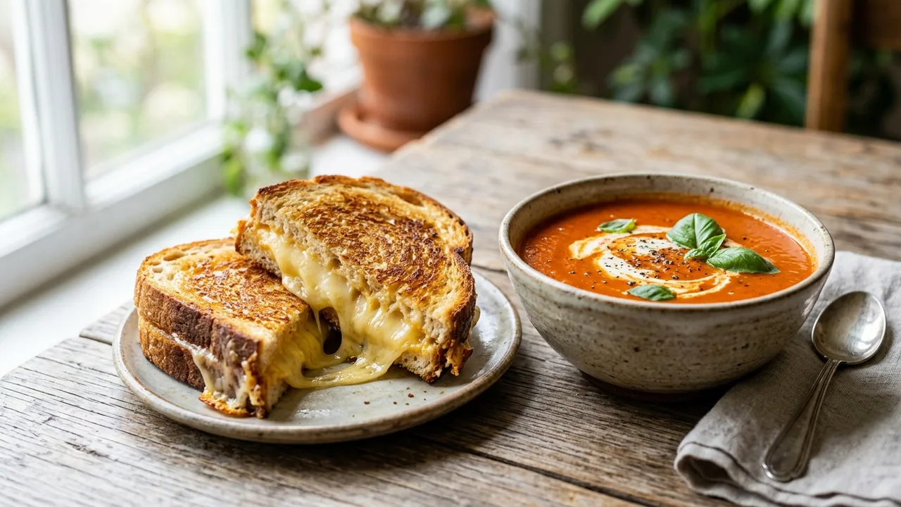Gourmet grilled cheese sandwich with melting cheese and tomato soup