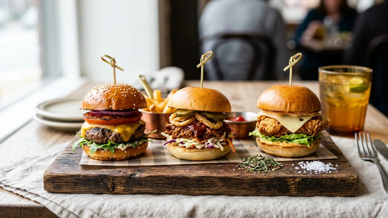 Mini slider burgers trio with beef, pulled pork, and chicken