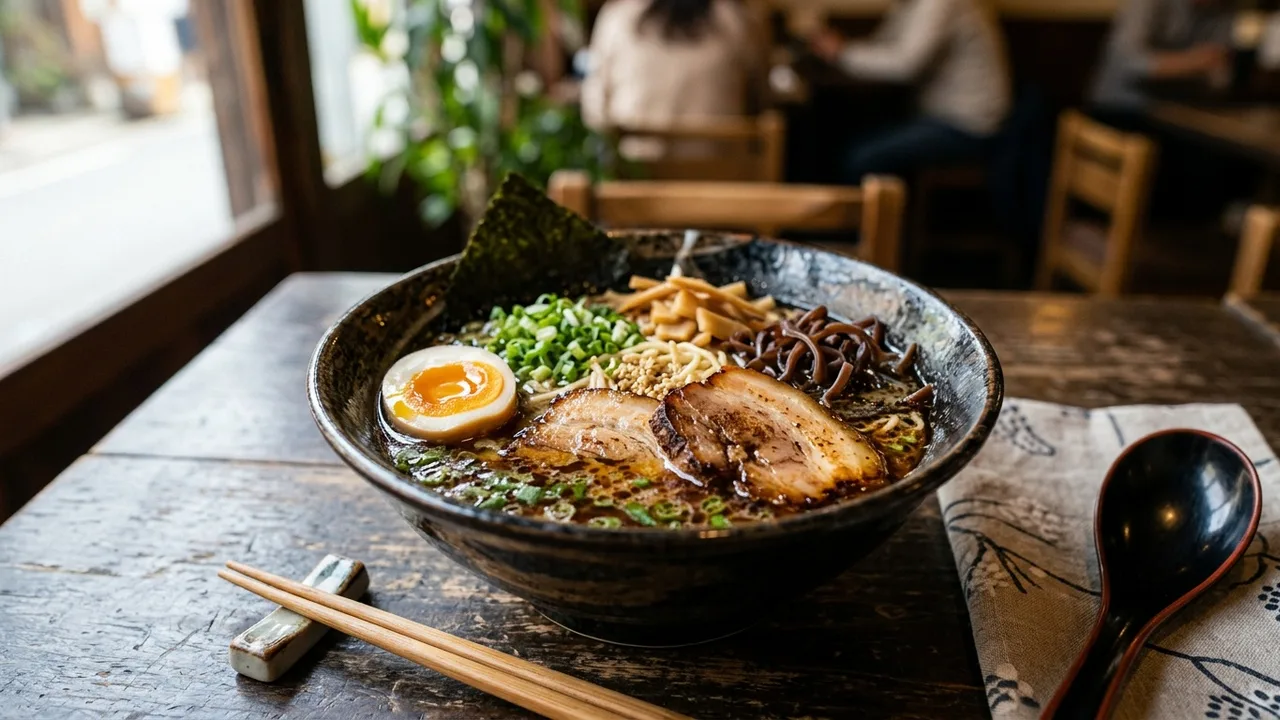 Japanese ramen bowl with rich broth, chashu pork, and soft-boiled egg