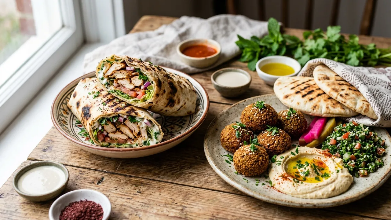 Middle Eastern shawarma wraps and falafel with hummus and pita