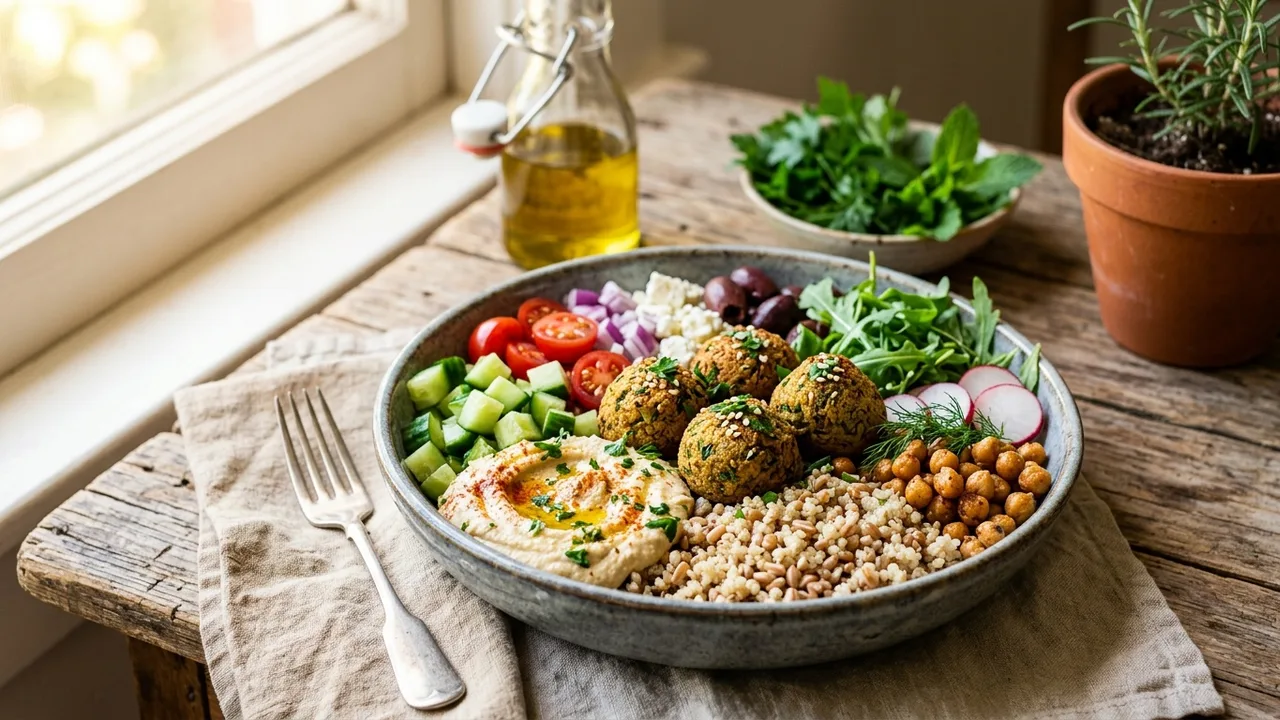 Mediterranean grain bowl with falafel, hummus, and fresh vegetables