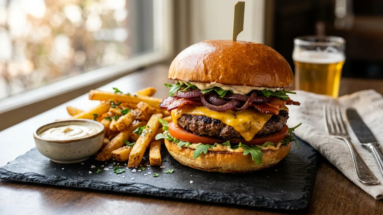 Gourmet burger with premium toppings on brioche bun served with fries