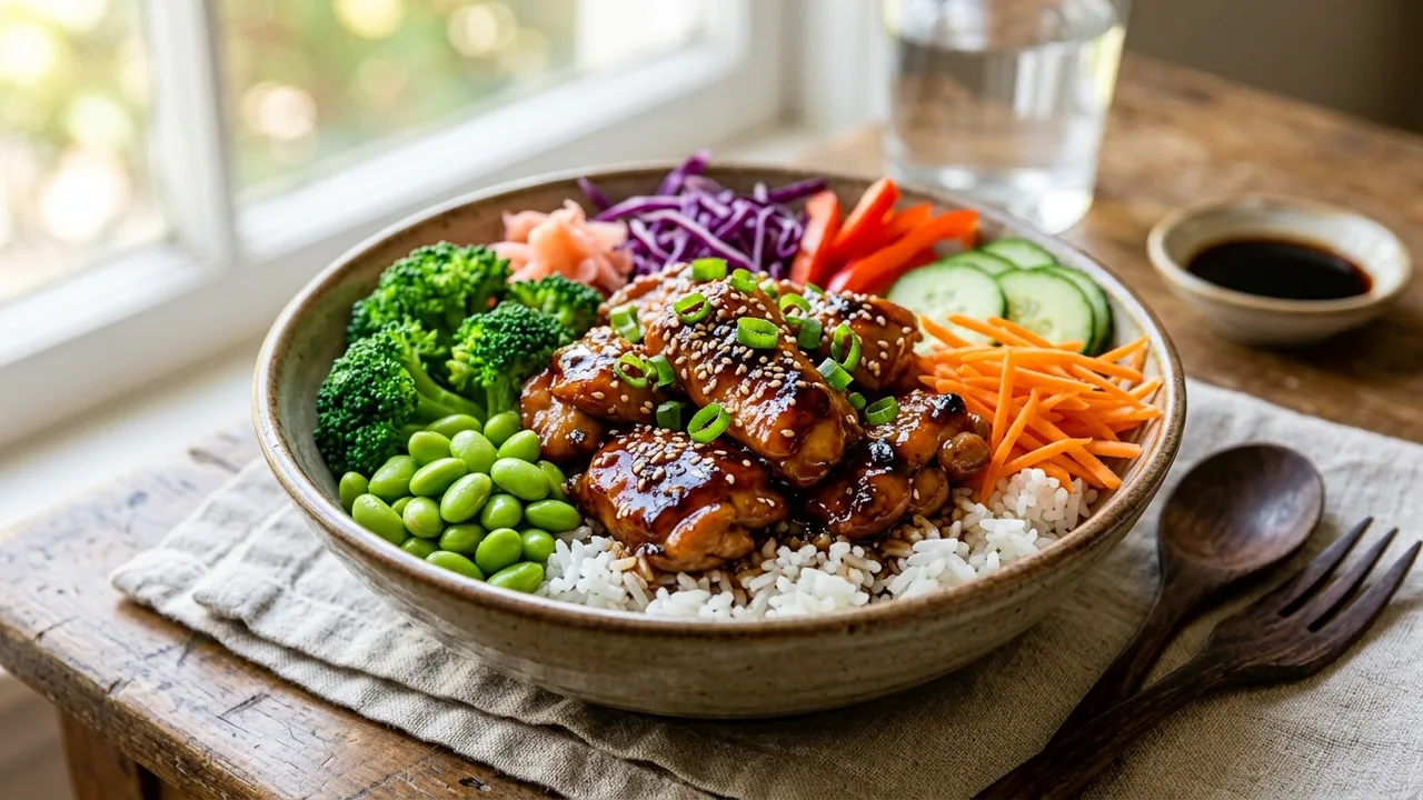 Asian fusion rice bowl with teriyaki chicken and fresh vegetables