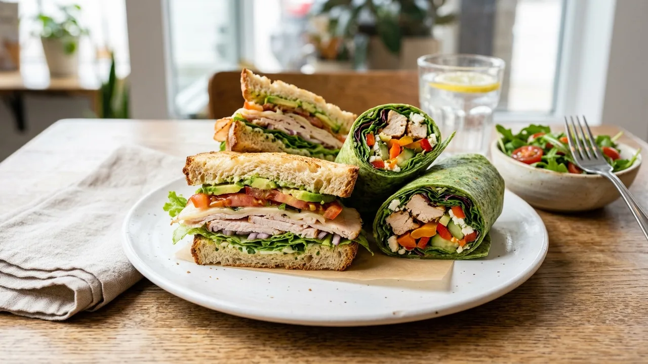 Artisan sandwiches and wraps with fresh ingredients on white plate