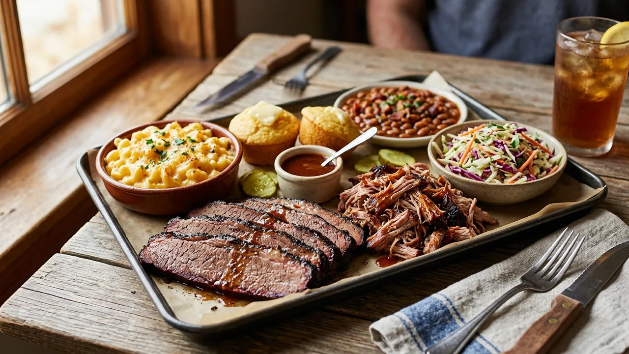 BBQ platter with sliced brisket, pulled pork, and Southern sides