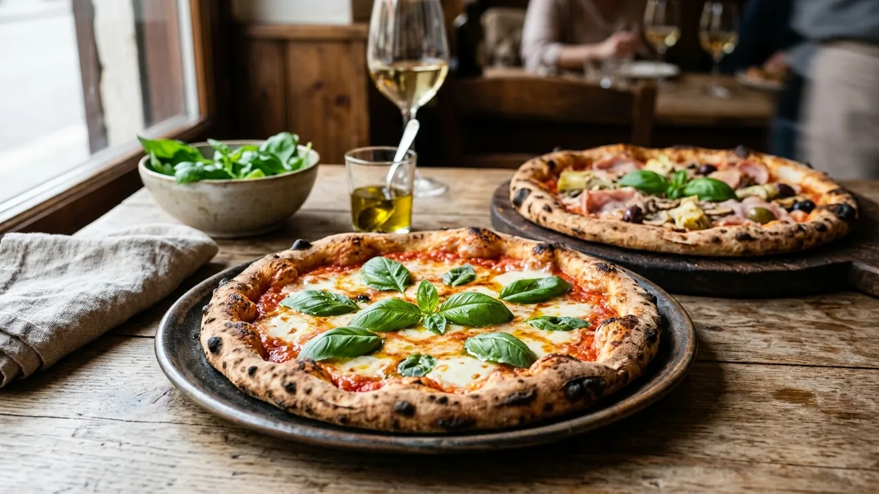 Artisan Neapolitan pizzas with fresh toppings and basil