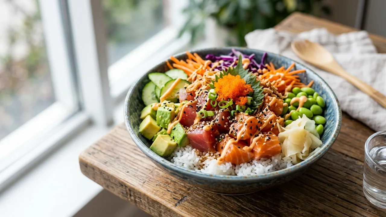 Fresh poke bowl with ahi tuna, salmon, avocado, and colorful toppings