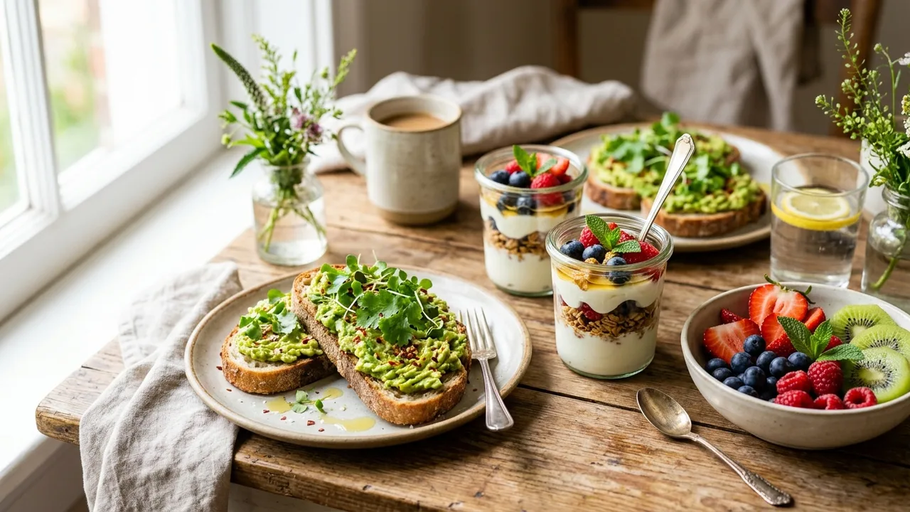 Breakfast spread with avocado toast, yogurt parfaits, and fresh fruit