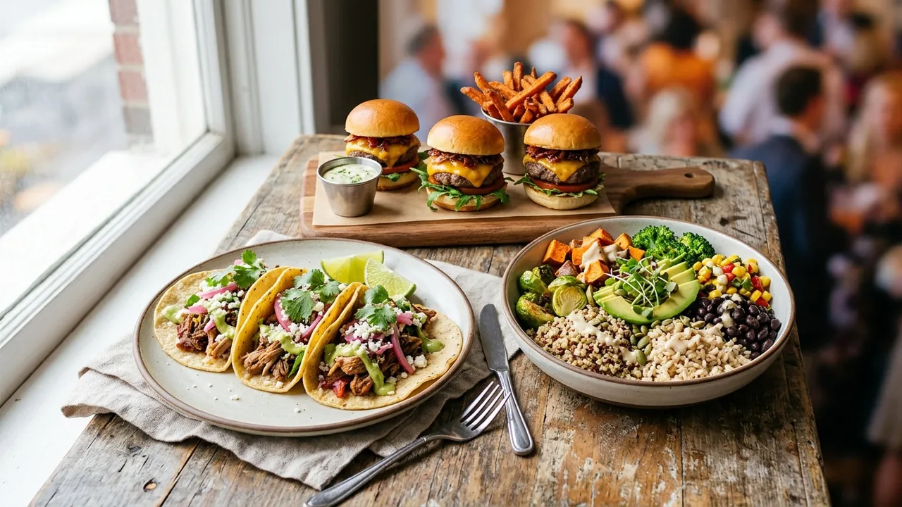Variety of gourmet food truck dishes including tacos, grain bowls, and sliders perfect for corporate events
