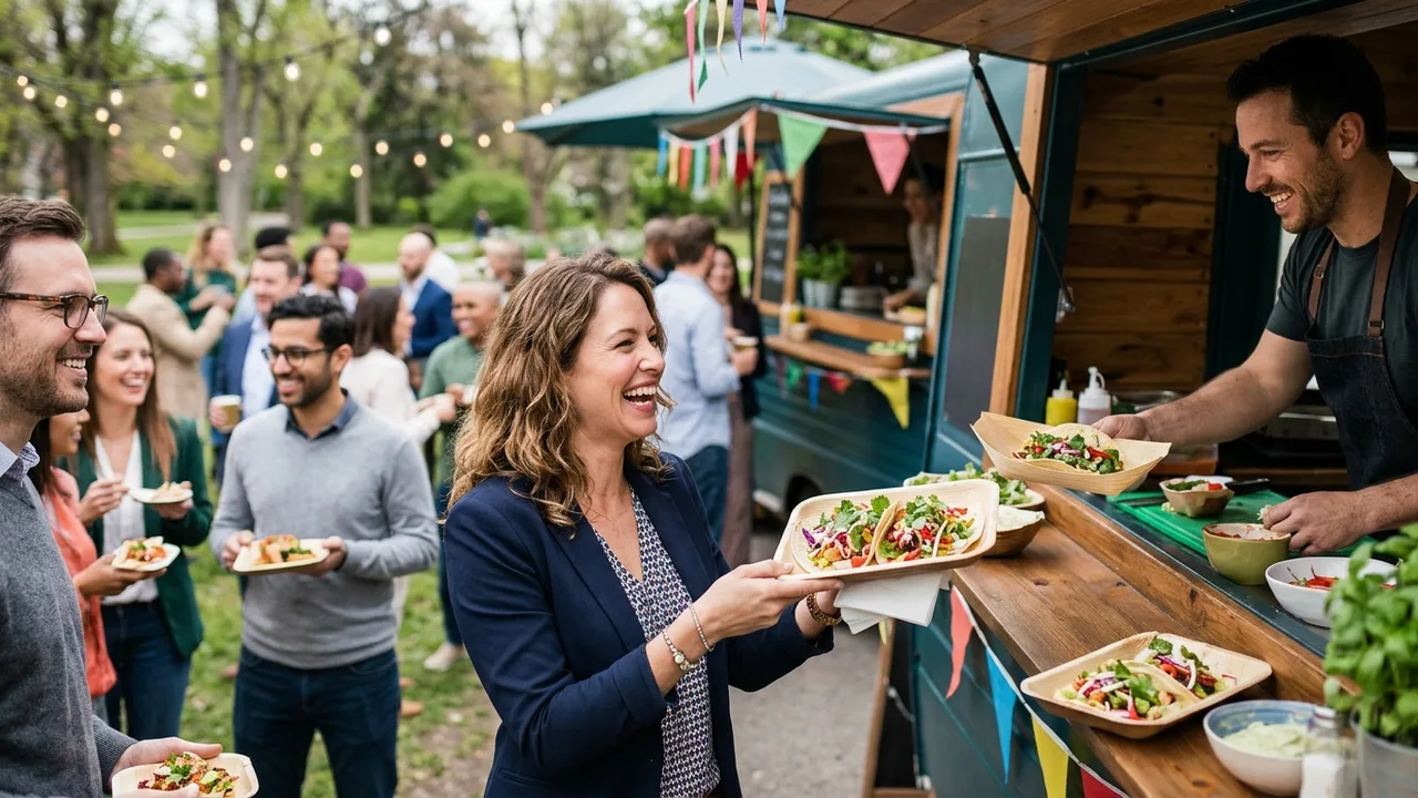 Guests enjoying interactive food truck experience at outdoor corporate event