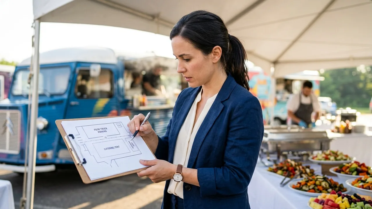 Event coordinator reviewing venue layout for food truck parking and catering setup