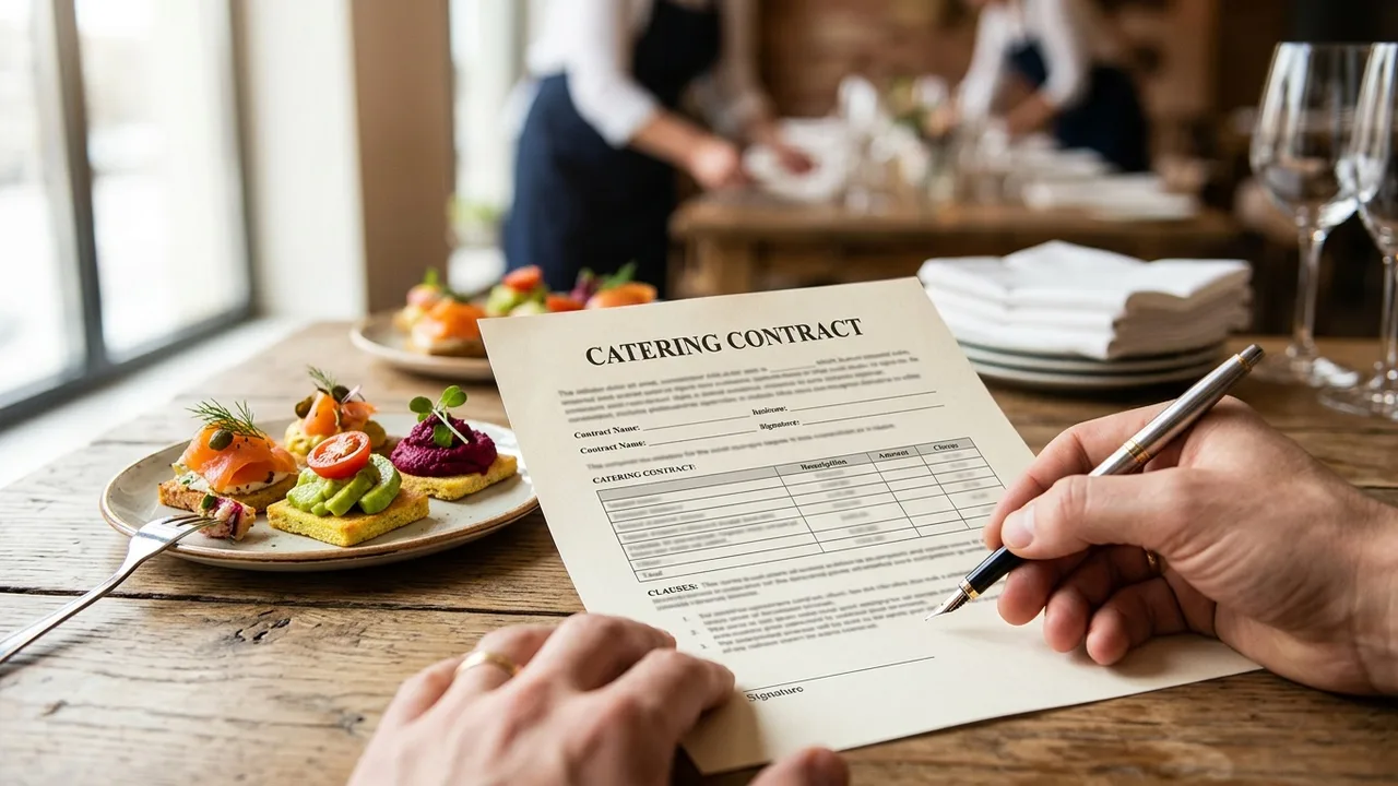 Catering contract showing minimum guest requirements and surcharge fees