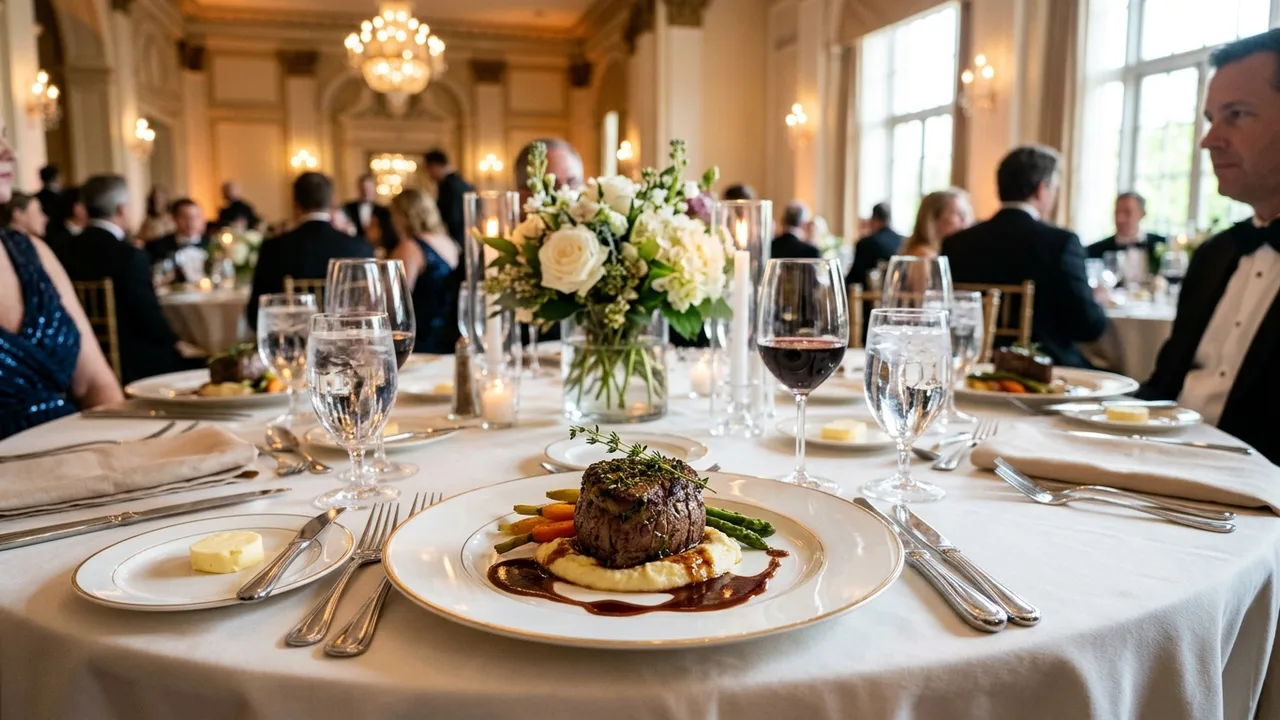 Formal corporate gala dinner with plated service in elegant ballroom setting