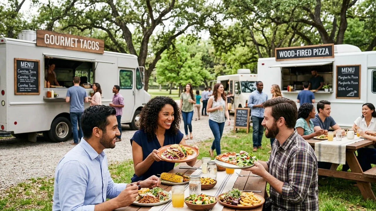 Company outdoor picnic with gourmet food trucks serving employees