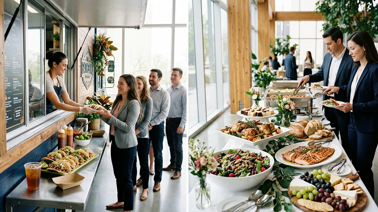 Side-by-side comparison of food truck and traditional catering setup for small corporate event