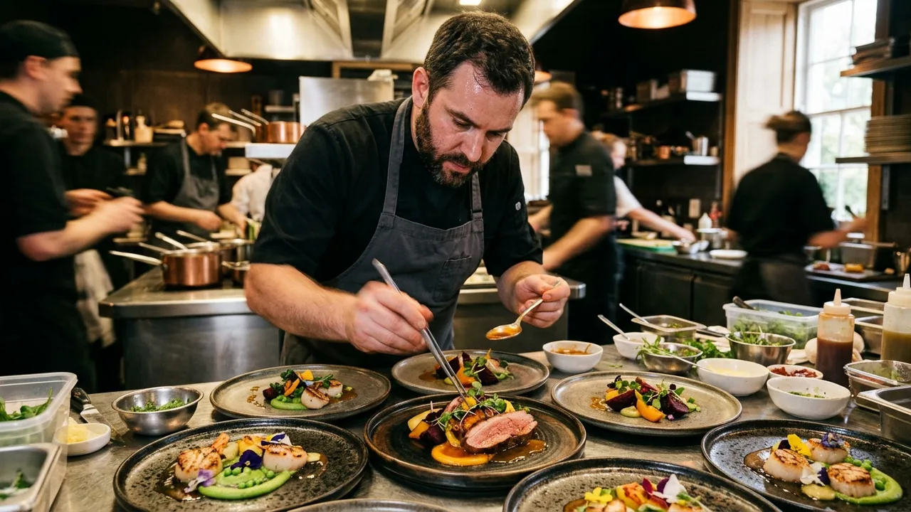 A chef quickly plating several gourmet dishes in a busy catering kitchen, a sense of energy and motion, warm light