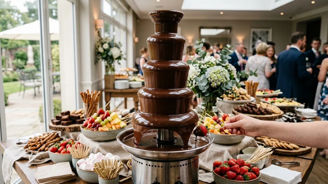 Multi-tier chocolate fountain with cascading Belgian chocolate in an elegant event setting