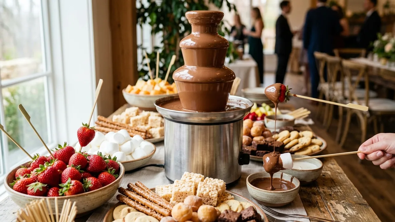 Chocolate fountain dipping station with fresh strawberries, marshmallows, and assorted treats